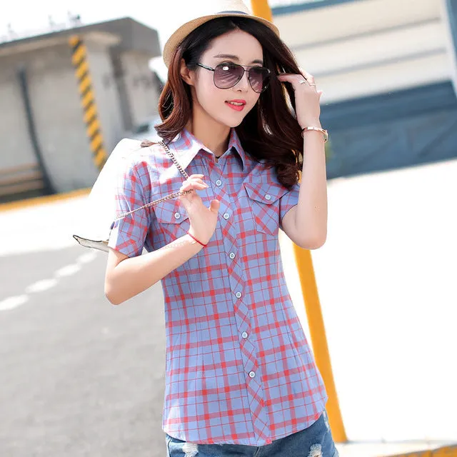 Brand New 2017 Summer Style Plaid Print Short Sleeve Shirts Women Plus Size Blouses Casual 100% Cotton Tops Blusas 14 Colors