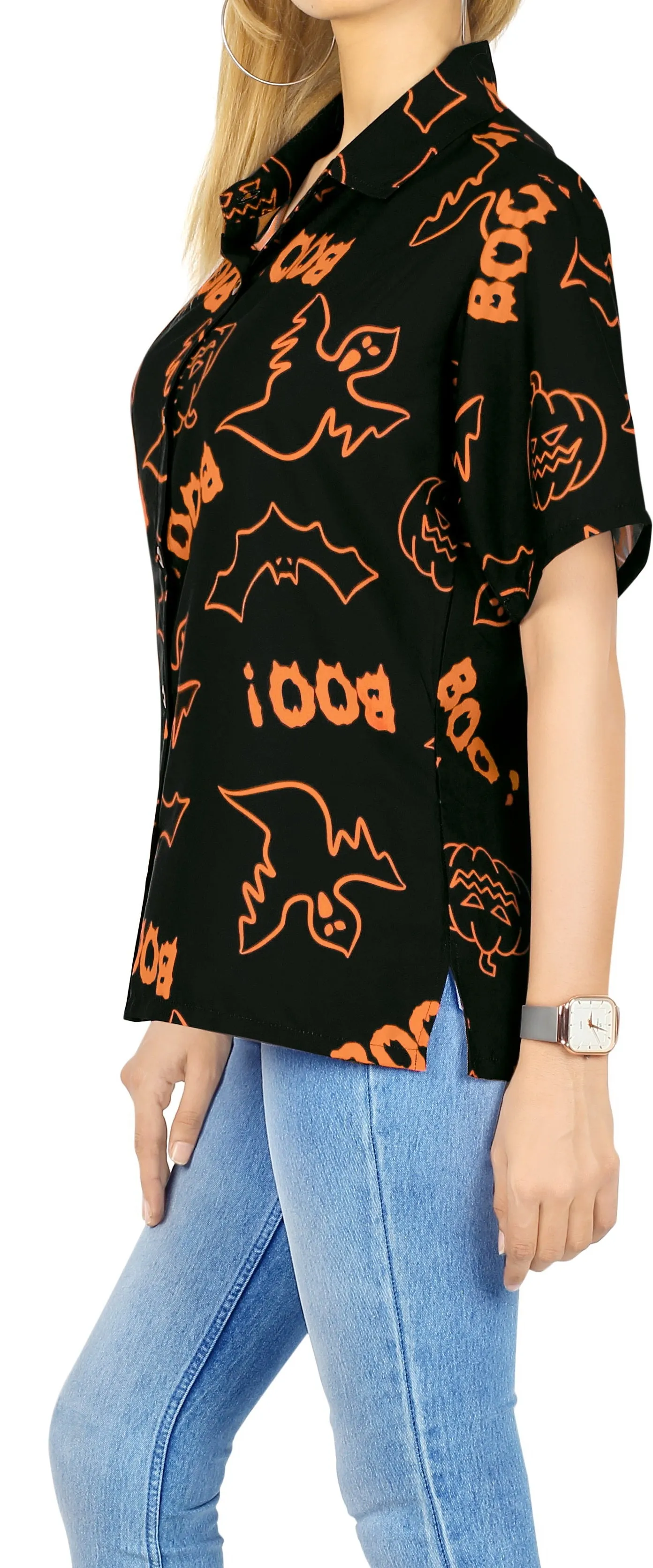 La Leela Halloween Women's Scary Pumpkin And BOO Printed Black Shirt