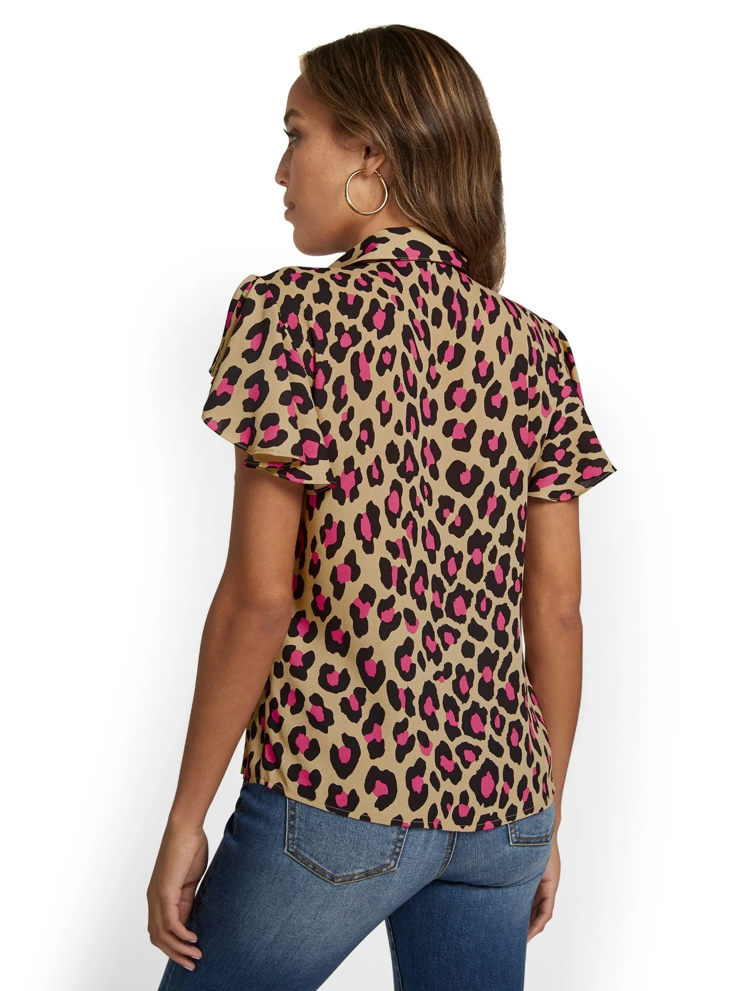 Ruffle Button-Front Blouse - Leopard-Print