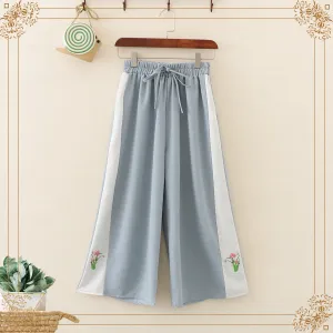 Women's Contrast Color Striped Floral Straight Pants 