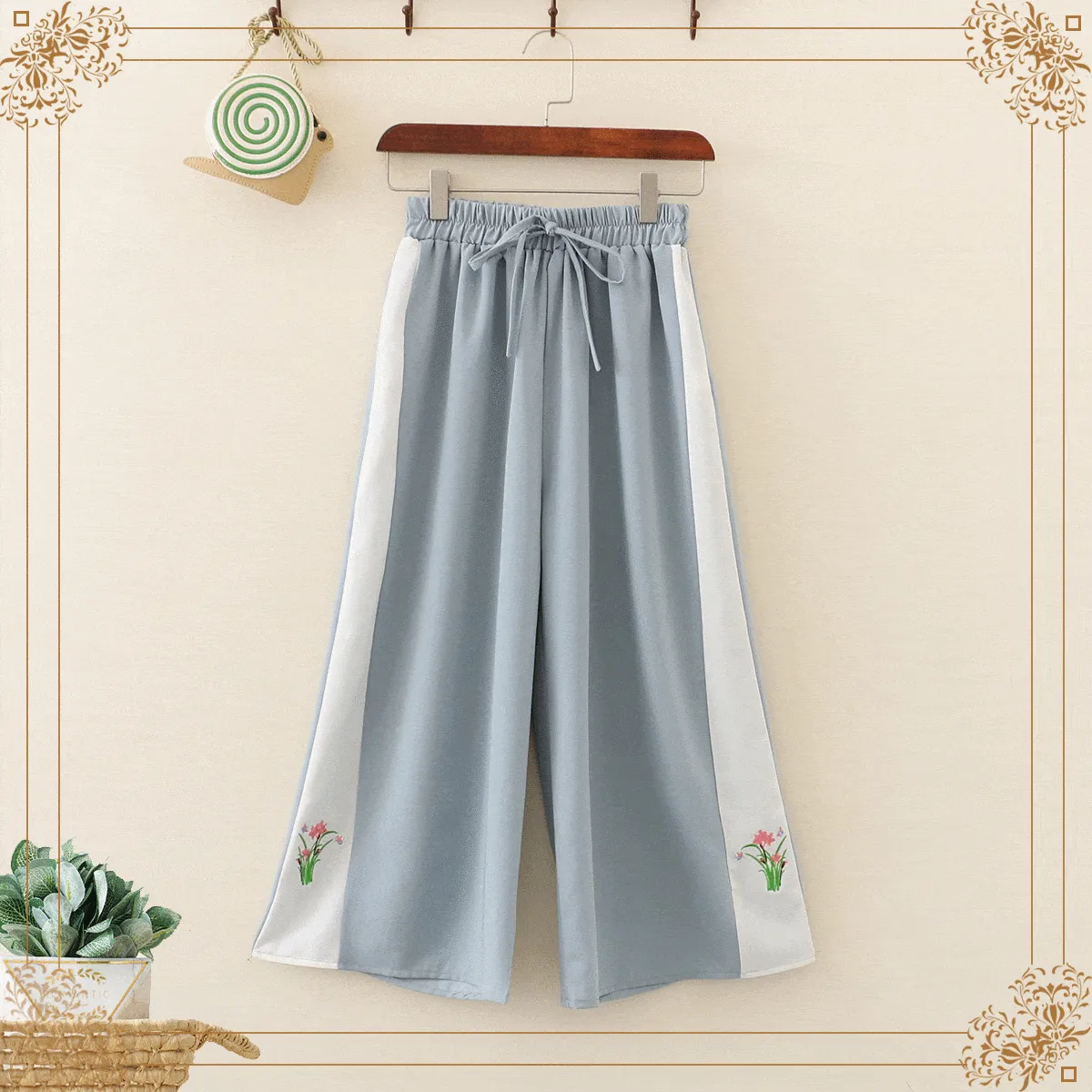 Women's Contrast Color Striped Floral Straight Pants 