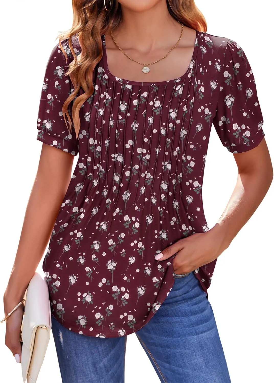 Zeagoo Casual Puff Short Sleeve T Shirts Floral/Solid Pleated Tunics Blouse