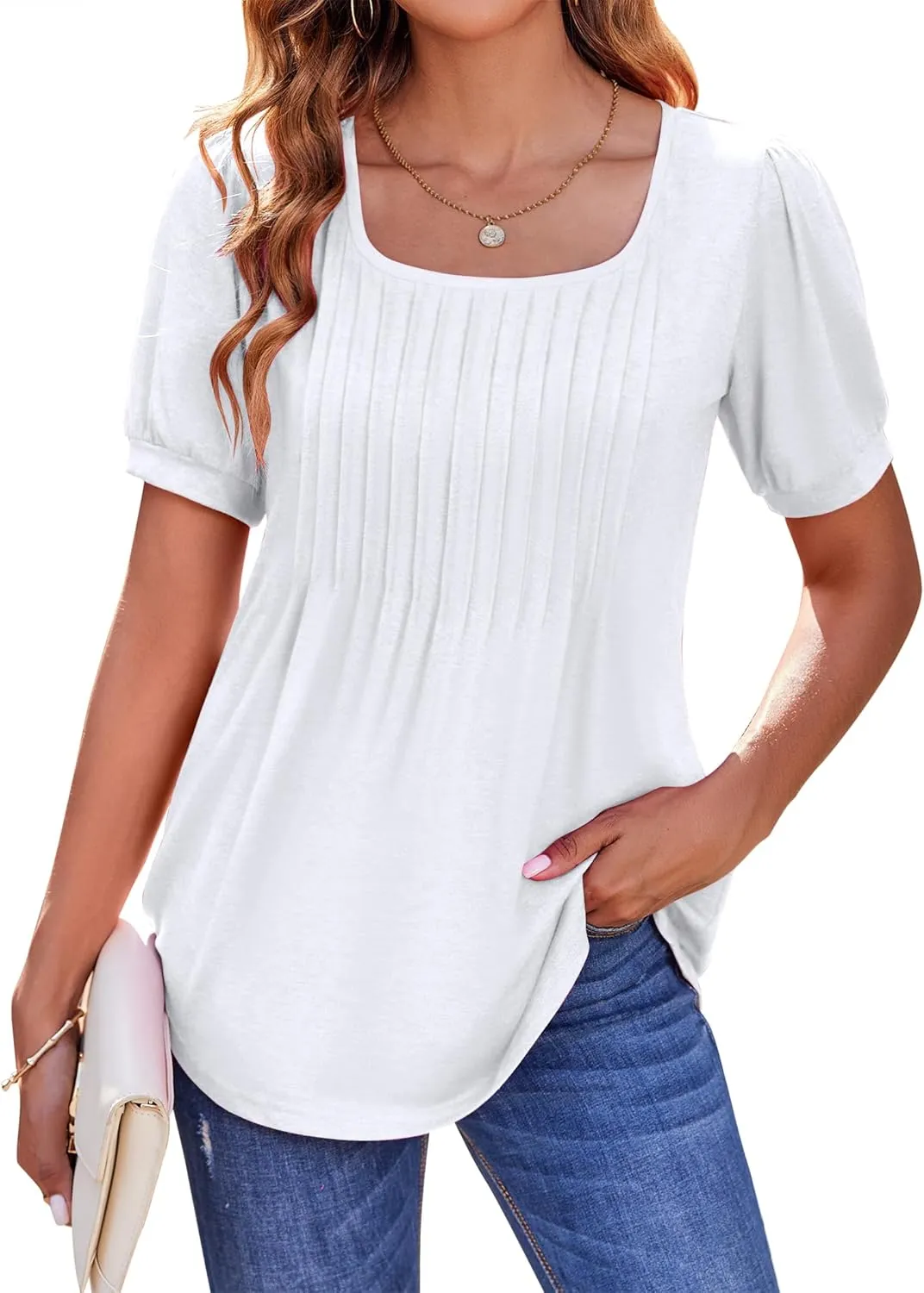 Zeagoo Casual Puff Short Sleeve T Shirts Floral/Solid Pleated Tunics Blouse